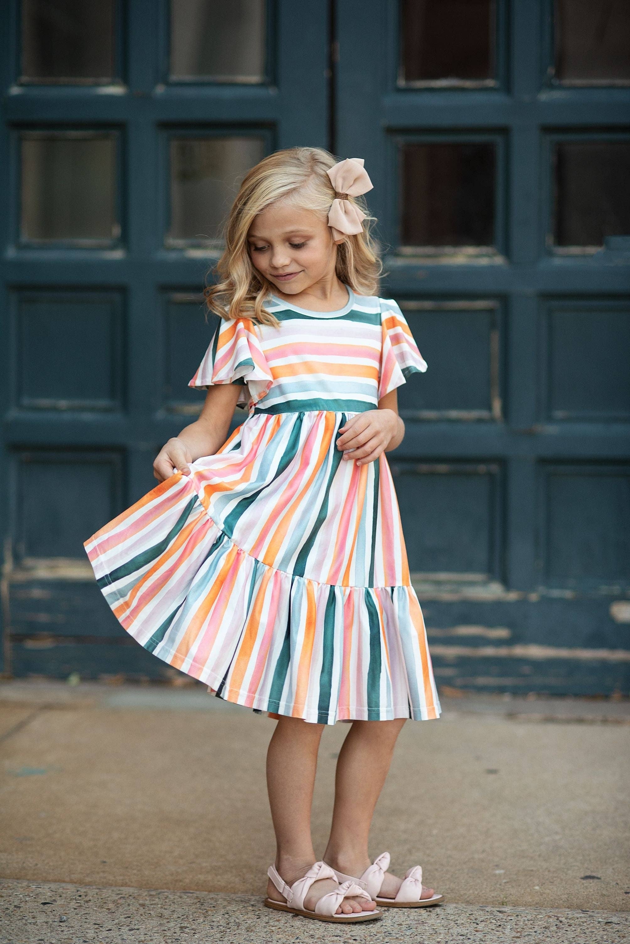 Kids Boho Rainbow Stripe Spring Easter Flutter Sleeve Dress The Branded Bombshell Boutique